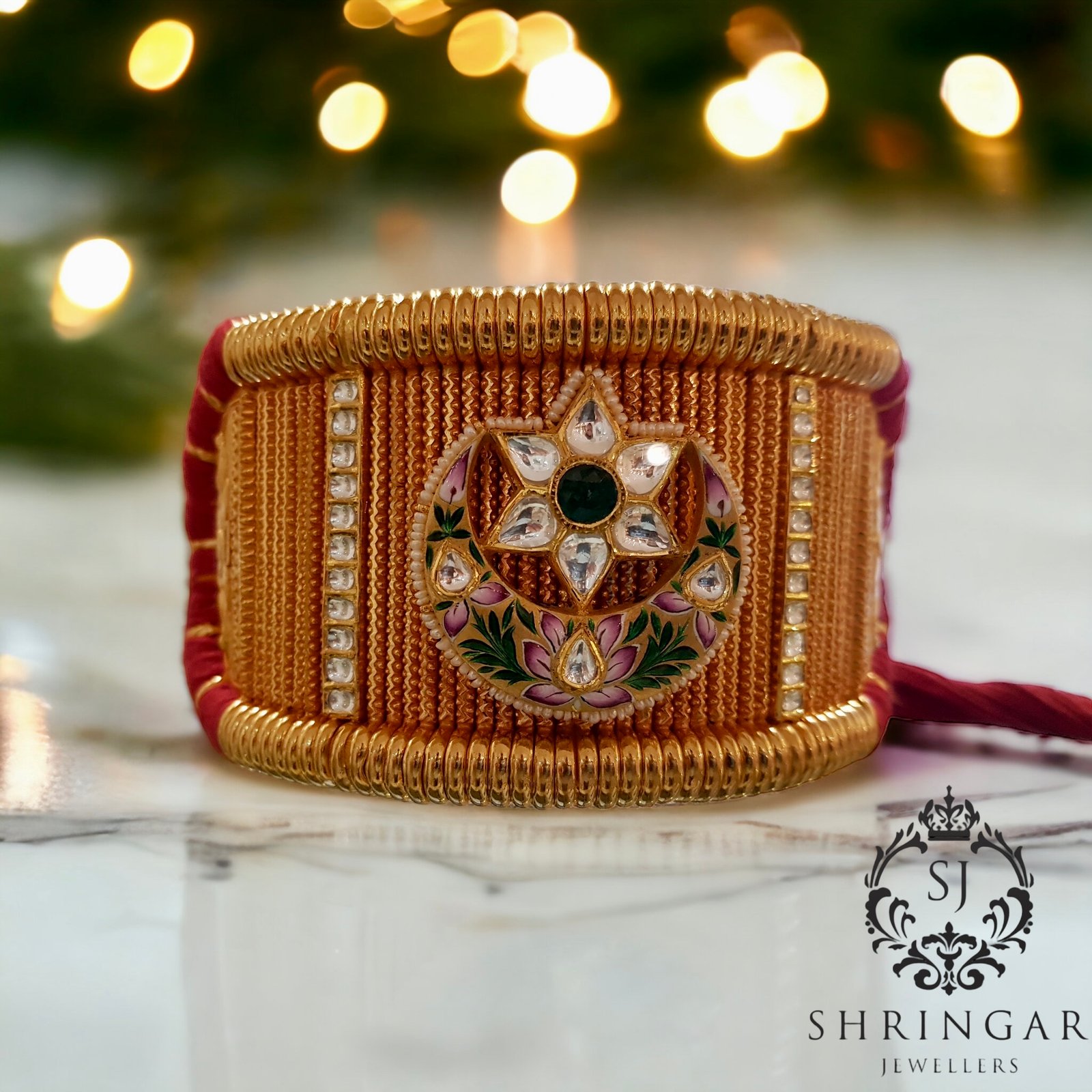 Baju bandh with enamelling ,studded in Kundan stones handmade in 22 karat gold at Shringar Jewellers fine jewelry online