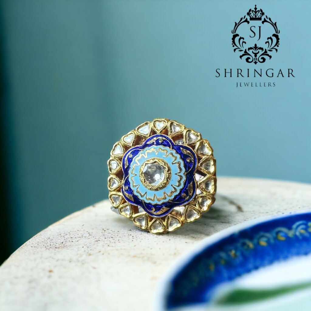 Beautifully hand made ring with enamelling and diamond polkies