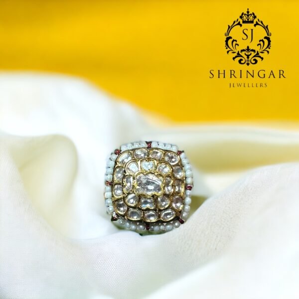 Diamond polki ring surrounded by cultured pearls