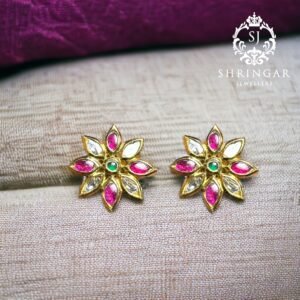 Flower Earrings in emerald diamond polki and ruby