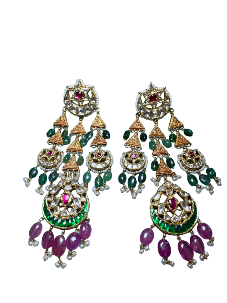 Traditions Rajasthani earrings handmade ,studded in Kundan stones, emeralds and rubies at Shringar Jewellers fine jewelry online