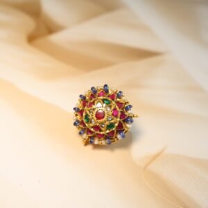 Rakhri in ruby, emerald, diamond polkis, and Basra pearls – handcrafted traditional Indian head ornament