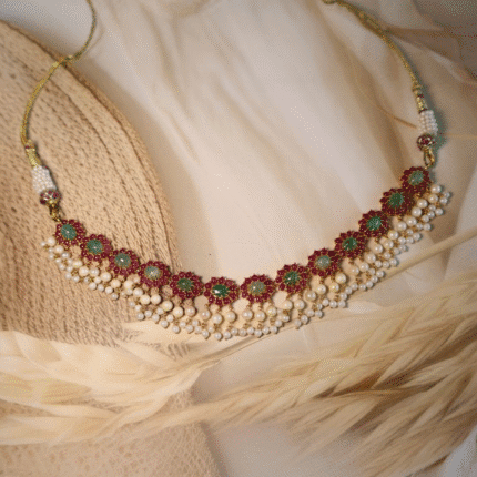 22kt gold necklace with rubies, emeralds, and cultured pearls – handcrafted Indian bridal jewelry