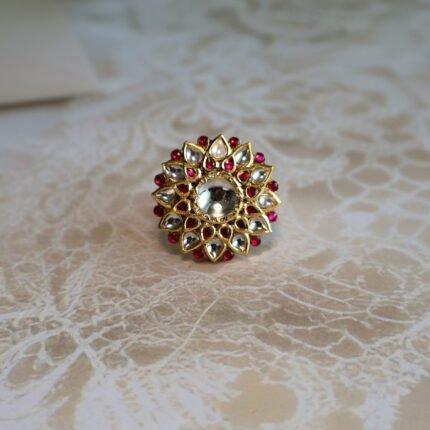 Traditional 22Kt gold ring beautifully handcrafted and studded with radiant Kundan stones