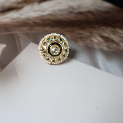 Traditional Rakhri in emeralds and freshwater pearls – handcrafted Indian gold head ornament