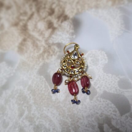 Traditional Besar with diamond polkis, Basra pearls, and rubies – handcrafted gold nose ring