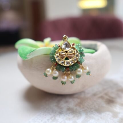 Handcrafted Besar with emeralds, cultured pearls, and Kundan stones – traditional Indian nose ring in gold