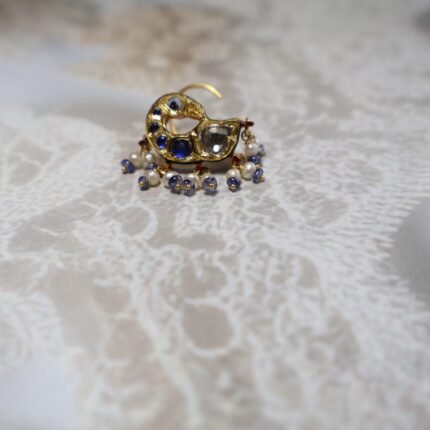 Peacock-shaped Besar in 22kt gold with Basra pearls and iyolite – handcrafted traditional gold nose ring