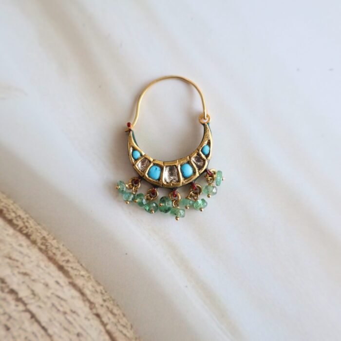 22kt Gold Nath with Emeralds, Diamond Polkis & Firoza Stones