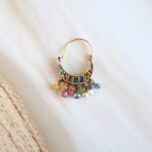 2kt Gold Nath with Diamond Polkis, Multicolor Stones & Basra Pearls