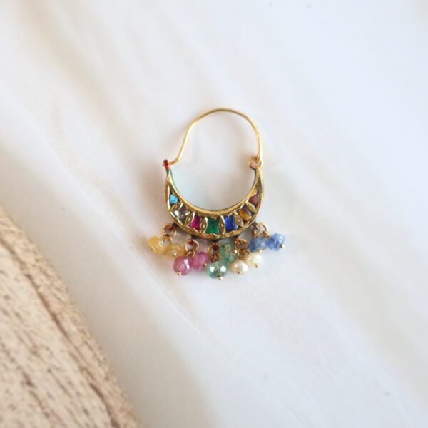 2kt Gold Nath with Diamond Polkis, Multicolor Stones & Basra Pearls