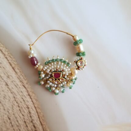 22kt Gold Nath with Diamond Polkis, Basra Pearls, Rubies & Diamonds