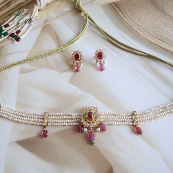 22kt gold choker set with Jadau stones, American diamonds, rubies, emeralds, and freshwater pearls, traditional handcrafted bridal jewelry.