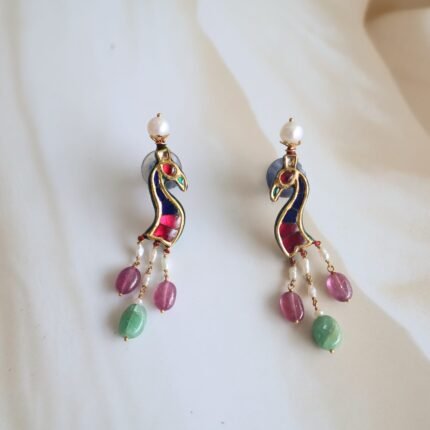 22kt gold earrings with peacock motifs and freshwater pearls, handcrafted traditional Indian design.