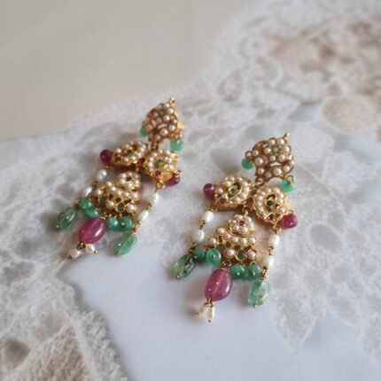 22kt gold Jadau earrings with emeralds and freshwater pearls – traditional bridal jewellery