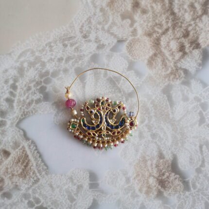 Handcrafted 22kt gold Nath adorned with Basra pearls, rubies, emeralds, and diamond polkies